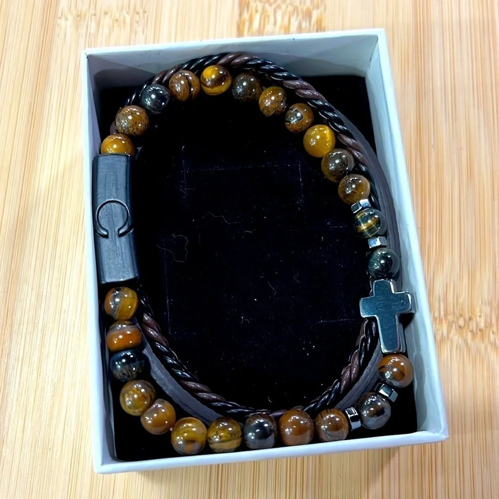 Brand New Men's Beaded Braided Leather Metal Cross Bracelet Magnetic Clasp